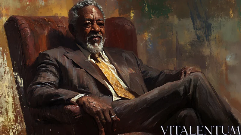 Textural oil portrait of dignified elder in tailored suit.