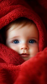 Infant Portrait in Crimson Cocoon: Photorealistic Study.