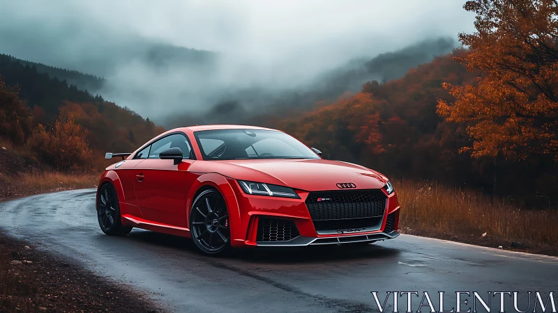 Red sports coupe on wet mountain road in autumn fog scene.
