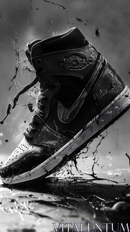 Dynamic black sneaker splashes through dramatic liquid motion.