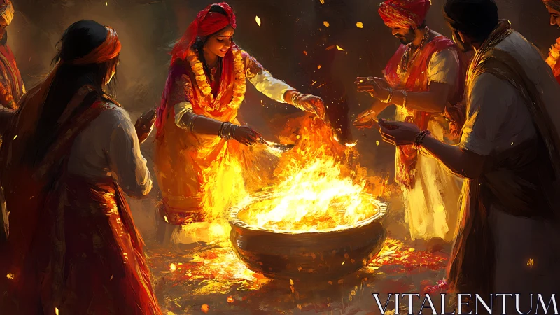 Ritual fire ceremony with vivid Indian garments aglow.