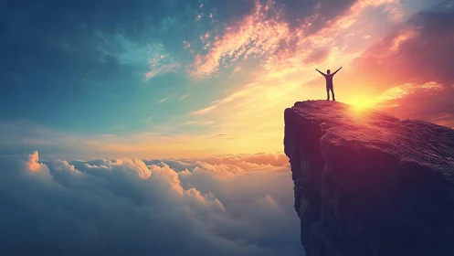 Silhouette celebrates sunrise on cliff above glowing clouds.