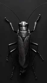 Black cricket macro study with glossy sculpted texture.