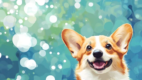 Playful corgi portrait against teal bokeh background.