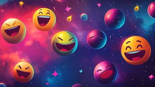 Laughing emoji spheres drift across neon cosmic gradient