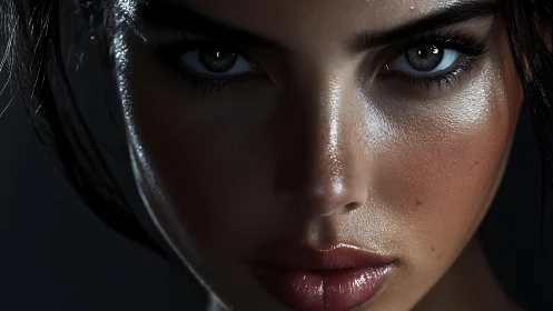 Intense photorealistic female face in shadowed closeup.
