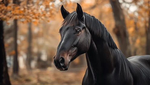 Black horse portrait in soft autumn forest light background.