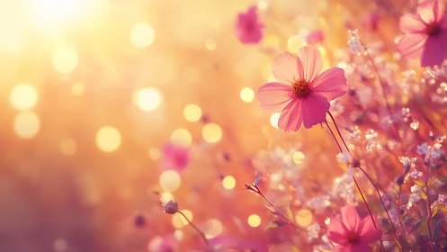 Sunrise Beauty: Pink Cosmos Flowers in Golden Light.