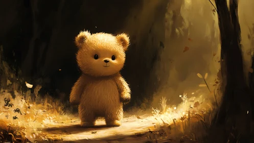Small bear character stands on illuminated forest path