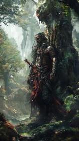 Tattooed jungle warrior sentinel in misted primeval ravine