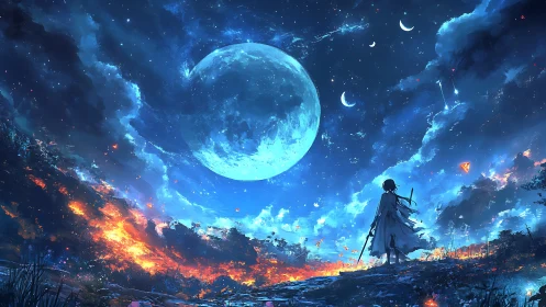 Moonlit swordsman striding between starfire and shadowed sky.