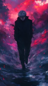 Solitary hooded figure in dark cloak amid red clouds.