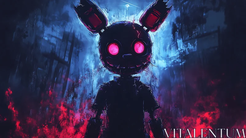 Glowing eyed rabbit android stands in smoky neon alley