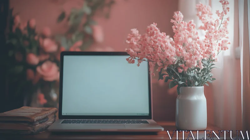 Laptop on wooden desk beside vase of pink flowers indoors.