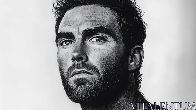 Monochrome hyperreal male portrait with etched texture detail.