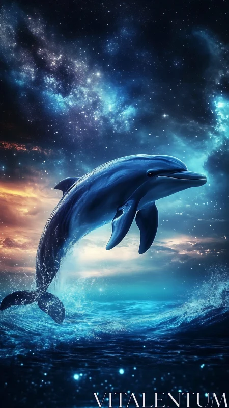 Dolphin leaping above glowing ocean under starry sky.