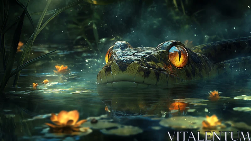 Snake head with glowing eyes emerging from still water