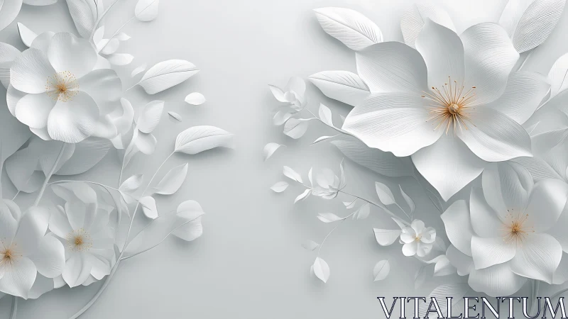 Layered White Flowers with Gold Centers on Soft Gray Background.