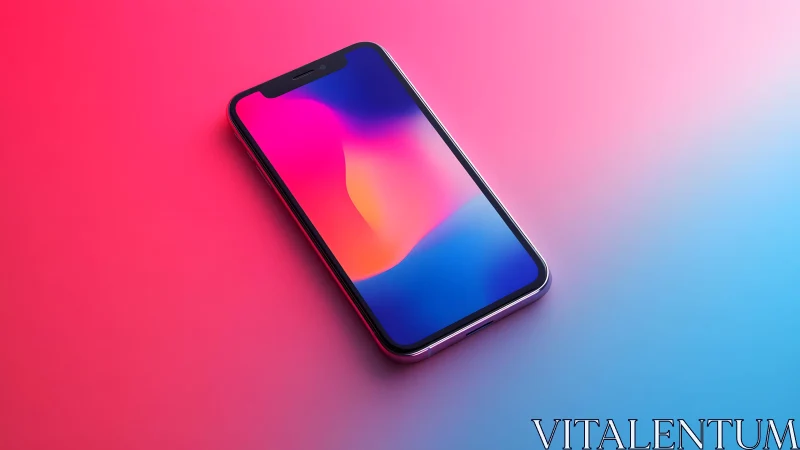 Modern smartphone on vibrant pink and blue gradient background.