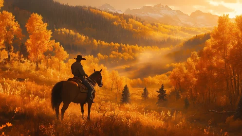 Cowboy on horseback surveys sunlit autumn valley with layered depth