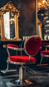 Red velvet salon chair stands before ornate gold mirror