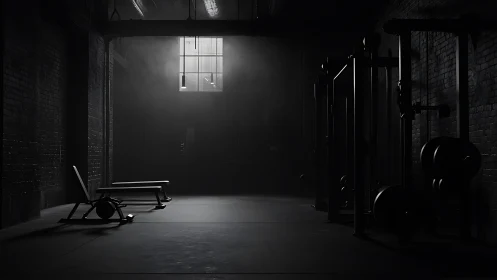 Dim industrial gym interior with benches and weight machines.