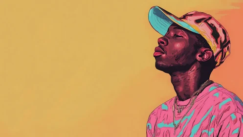 Sunlit daydreamer in neon cap drifting through peach skies.