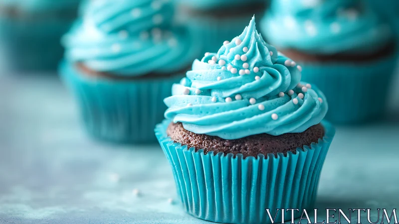 Turquoise frosted chocolate cupcake with pearl decorations.