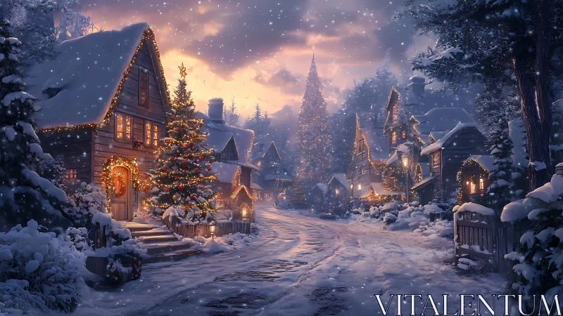 Snow covered village street shows illuminated Christmas houses