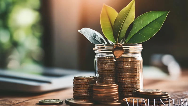 Jar of stacked coins with green leaves symbolizing steady growth.