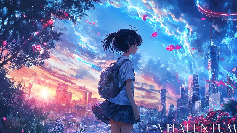 Anime cityscape at sunset with contemplative schoolgirl profile.