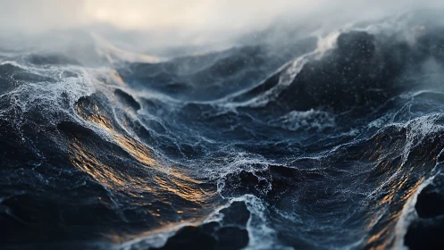 Detailed ocean surface with foamy waves under soft light.