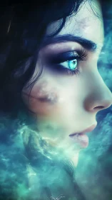 Ethereal blue-eyed profile emerging through teal mist.