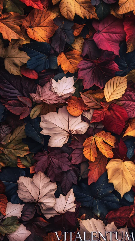 Layered autumn foliage in rich contrasting hues artwork.