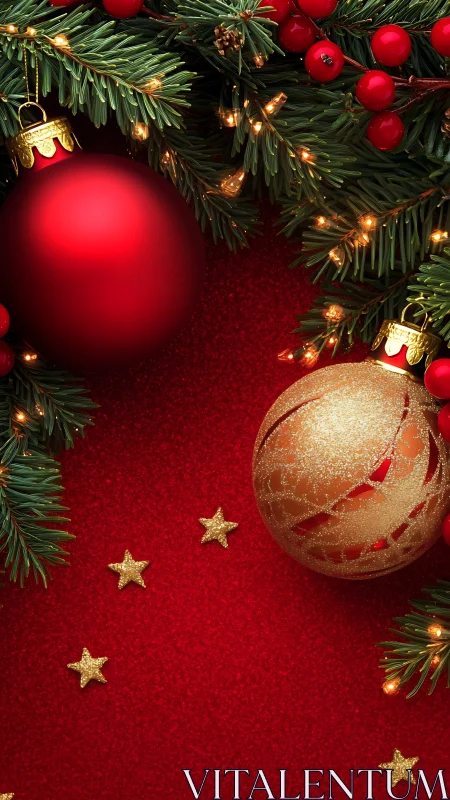 Red baubles, fir branches, and lights form a vertical frame