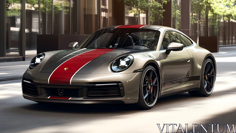 Sporty silver coupe with red racing stripe in city street.