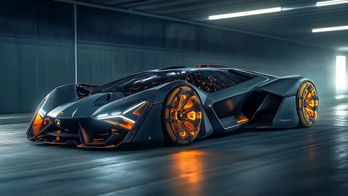Futuristic supercar glows warmly in a sleek city tunnel