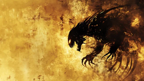 Shadow dragon emerges from burning golden haze of chaos.