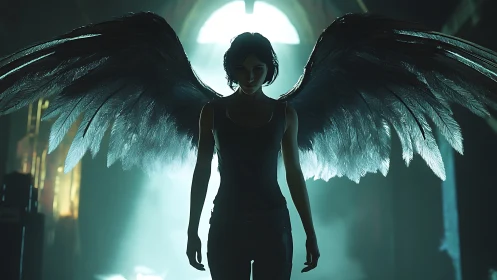 Dark winged figure in backlit urban interior scene.