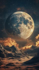 Large cratered moon over rugged rocky alien landscape.