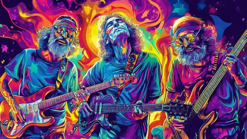 Psychedelic Pop Art Triptych of Electric Guitarists in Neon Chromas.