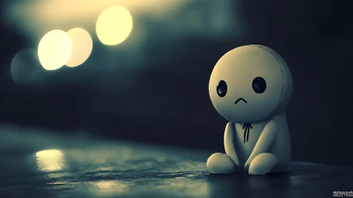 Small doll figure on reflective surface at night.