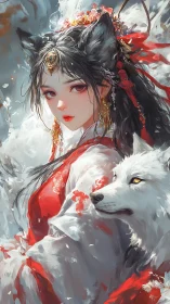 Fox-eared spirit girl stands guard with her loyal white wolf