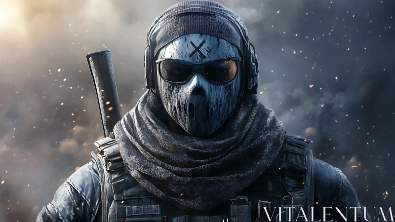 Ballistic-clad masked operator amid particulate blast field.