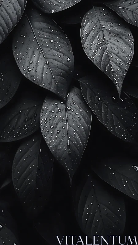 High-contrast macro study of overlapping wet leaves in low-key lighting