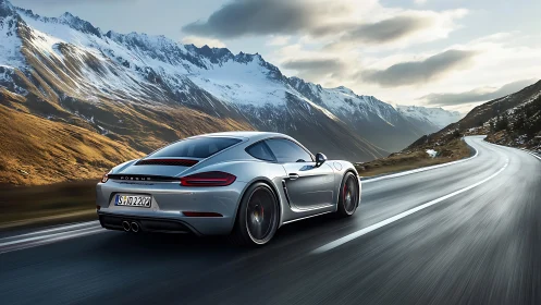 Silver sports coupe chasing sunlight through alpine pass.