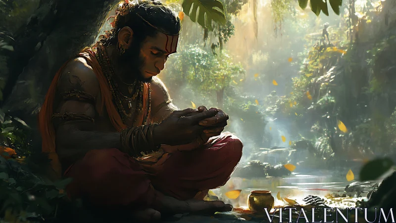 Meditative monkey warrior contemplates relic in misty jungle