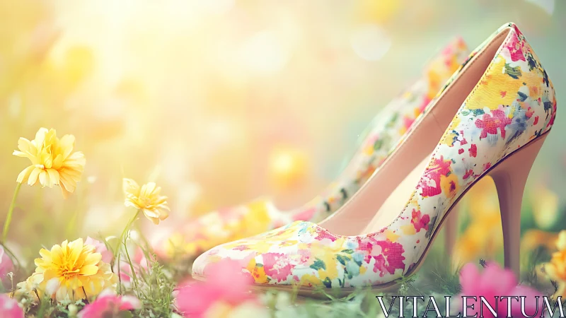 Floral heels bask in dreamy meadowlight and pastel bloom.