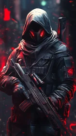 Cybernetic hooded commando with red visor and tactical rifle