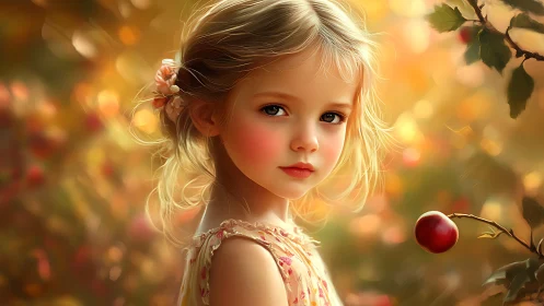 Young girl portrait with soft golden bokeh and autumnal orchard setting.